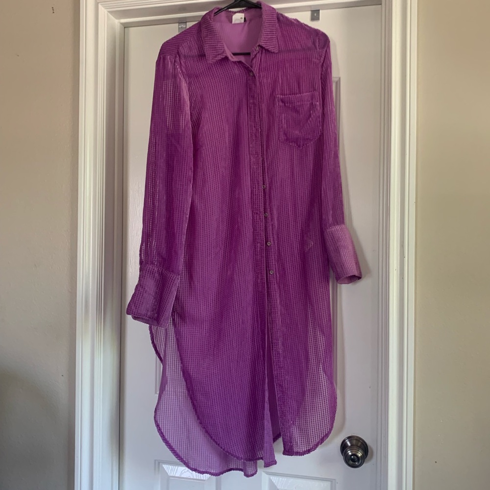 Anthropologie fuchsia long/ semi sheer button down